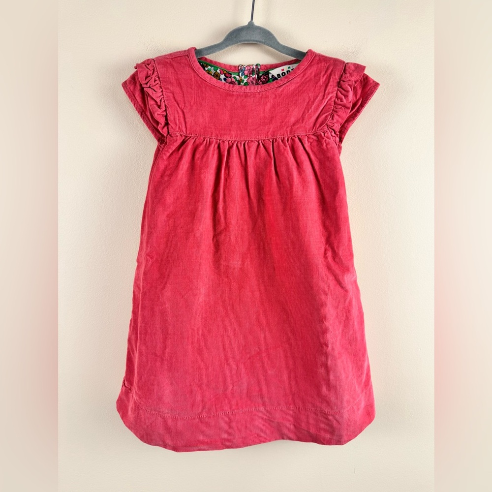 Mini Boden Girls Pink Corduroy Ruffle Shoulder Jumper Dress